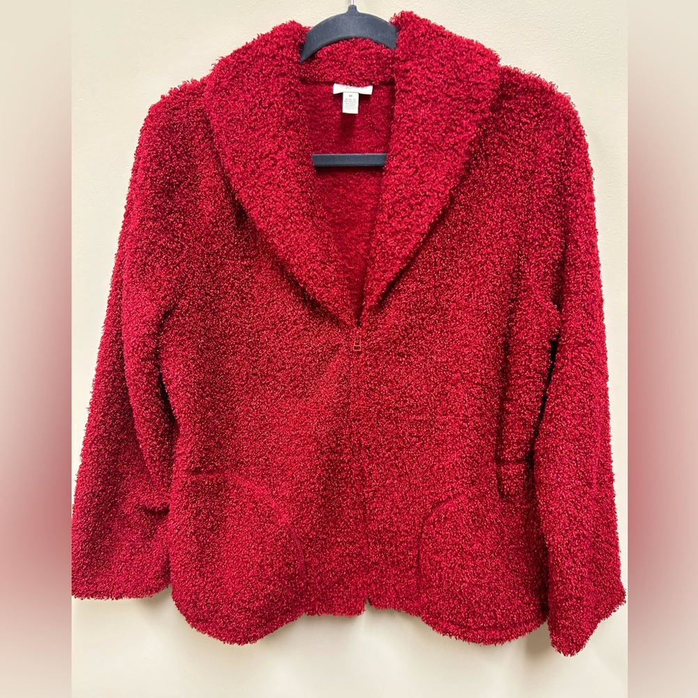 J Jill Boucle Fuzzy Zip Front Long Sleeve Red Jacket Sz M Medium